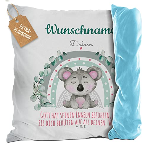 PR Print Royal Flauschiges Kissen zur Taufe mit Name & Datum - Koala - Gott hat seinen Engeln befohlen - Grün, Geschenk zur Taufe, personalisierte Taufgeschenke | mit Kissenfüllung, Rückseite Hellblau von PR Print Royal