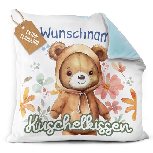 PR Print Royal Flauschiges Kuschel-Kissen für Kinder mit Füllung mit Name selbst gestalten - Bär Kissen für Mädchen und Jungs, Kinderkissen mit Name | 40 x 40 cm, Rückseite Hellblau Flauschig von PR Print Royal