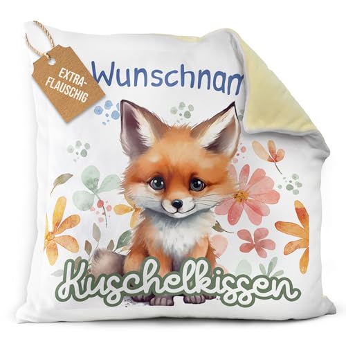 PR Print Royal Flauschiges Kuschel-Kissen für Kinder mit Füllung mit Name selbst gestalten - Fuchs Kissen für Mädchen und Jungs, Kinderkissen mit Name | 40 x 40 cm, Rückseite Gelb Flauschig von PR Print Royal