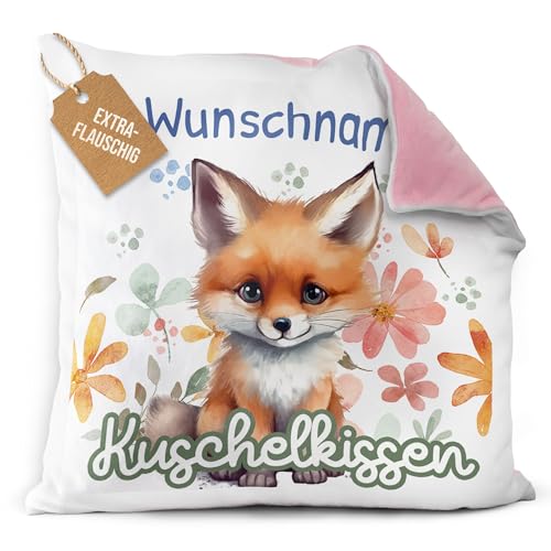 PR Print Royal Flauschiges Kuschel-Kissen für Kinder mit Füllung mit Name selbst gestalten - Fuchs Kissen für Mädchen und Jungs, Kinderkissen mit Name | 40 x 40 cm, Rückseite Rosa Flauschig von PR Print Royal