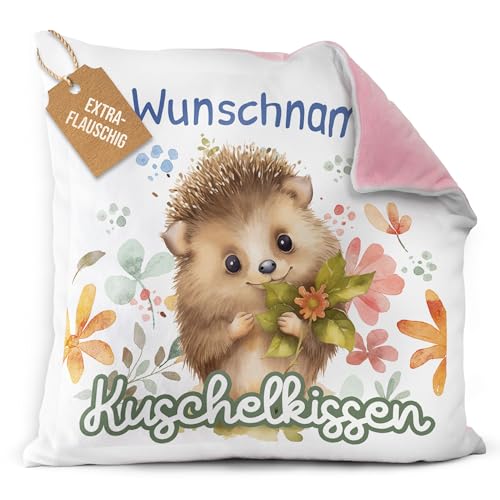 PR Print Royal Flauschiges Kuschel-Kissen für Kinder mit Füllung mit Name selbst gestalten - Igel Kissen für Mädchen und Jungs, Kinderkissen mit Name | 40 x 40 cm, Rückseite Rosa Flauschig von PR Print Royal