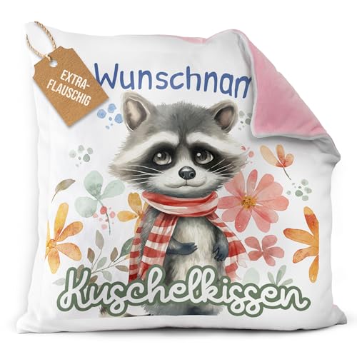 PR Print Royal Flauschiges Kuschel-Kissen für Kinder mit Füllung mit Name selbst gestalten - Waschbär Kissen für Mädchen und Jungs, Kinderkissen mit Name | 40 x 40 cm, Rückseite Rosa Flauschig von PR Print Royal