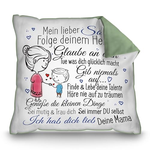 PR Print Royal Kissen mit Spruch inkl. Füllung für Kinder - von Mama für den Sohn - Geschenke für Sohn von Mutter, Sohn Geschenk, Kindergeschenke, Rückseite Grün, 40x40cm von PR Print Royal