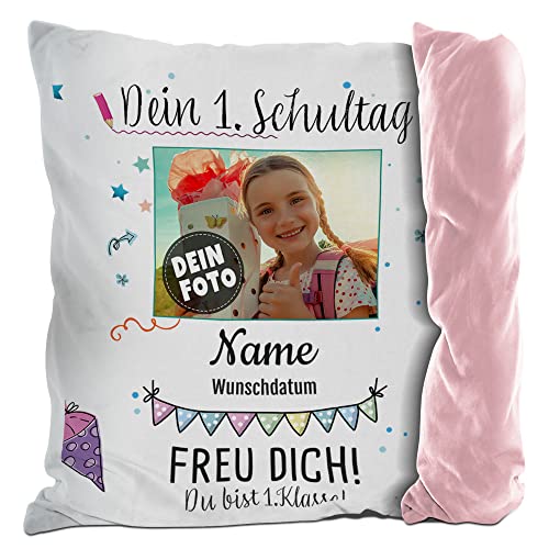 PR Print Royal Kissen zur Einschulung selbst gestalten - Dein 1. Schultag - mit Name, Datum und Foto Personalisieren - Geschenke zur Einschulung | Rückseite Rosa, 40x40cm von PR Print Royal