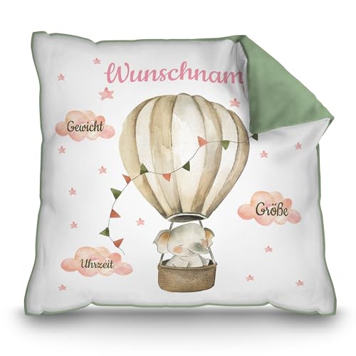 PR Print Royal Kissen zur Geburt mit Name und Geburtsdaten Personalisieren - Elefant im Heißluftballon - Personalisiertes Geschenk zur Geburt | 40 x 40 cm, Rückseite Grün von PR Print Royal