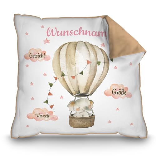 PR Print Royal Kissen zur Geburt mit Name und Geburtsdaten Personalisieren - Elefant im Heißluftballon - Personalisiertes Geschenk zur Geburt | 40 x 40 cm, Rückseite Mokka von PR Print Royal