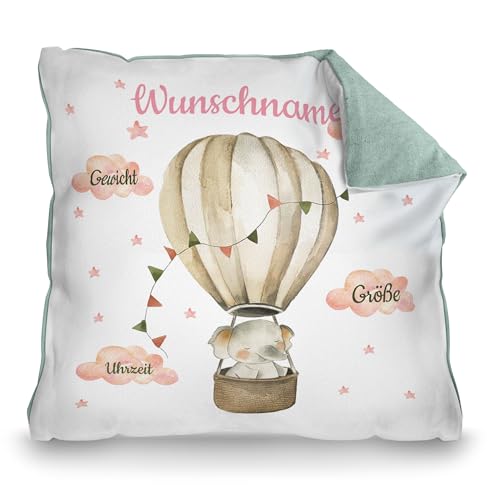 PR Print Royal Kissen zur Geburt mit Name und Geburtsdaten Personalisieren - Elefant im Heißluftballon - Personalisiertes Geschenk zur Geburt | 40 x 40 cm, Rückseite Pastellgrün von PR Print Royal