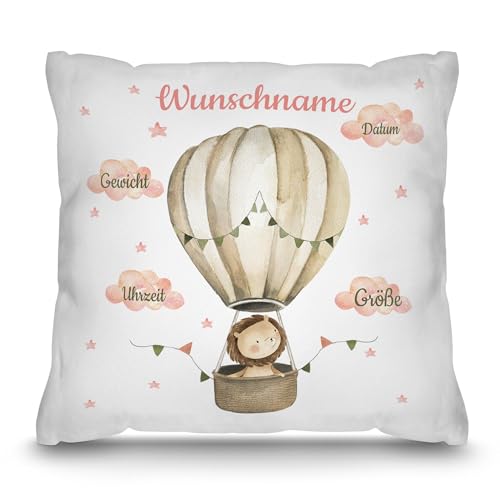 PR Print Royal Kissen zur Geburt mit Name und Geburtsdaten Personalisieren - Löwe im Heißluftballon - Personalisiertes Geschenk zur Geburt | 40 x 40 cm, Weiß von PR Print Royal