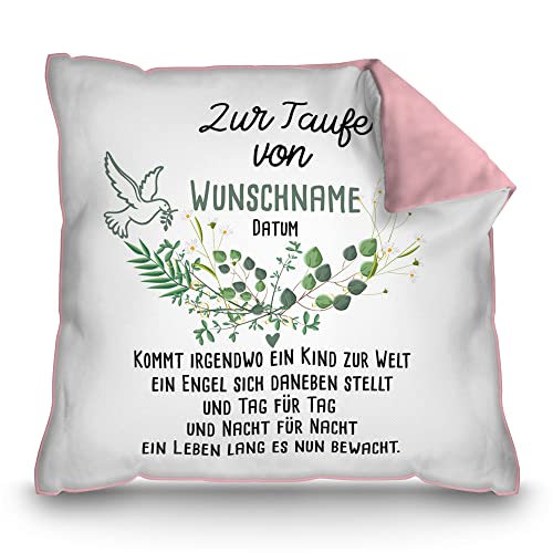 PR Print Royal Kissen zur Taufe mit Name & Datum - Kommt EIN Kind zur Welt - Geschenke zur Taufe, personalisierte Taufgeschenke Patenkind | inkl. Kissenfüllung, Rückseite Rosa, 40 x 40 cm von PR Print Royal