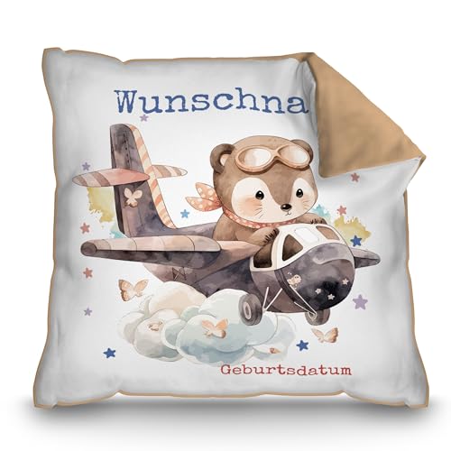 PR Print Royal Personalisiertes Kissen für Kinder mit Name und Geburtsdatum selbst gestalten - Dachs im Flugzeug - Dachs Kinderkissen mit Name | 40 x 40 cm, Rückseite Mokka von PR Print Royal