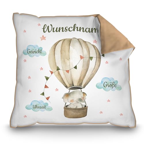 PR Print Royal Personalisiertes Kissen zur Geburt - Elefant im Heißluftballon - Geschenk zur Geburt mit Name und Geburtsdaten Personalisieren | 40 x 40 cm, Rückseite Mokka von PR Print Royal