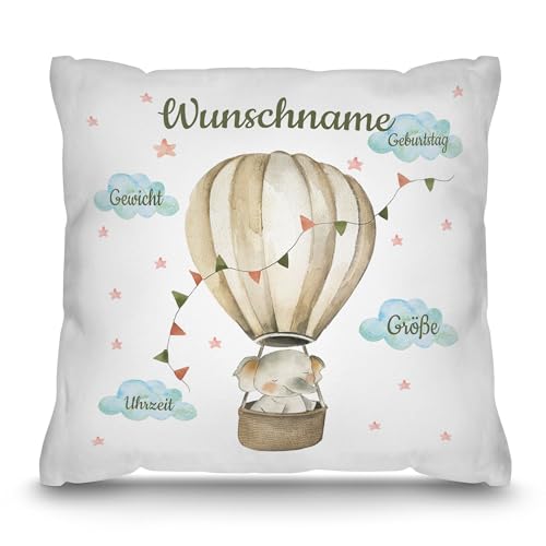 PR Print Royal Personalisiertes Kissen zur Geburt - Elefant im Heißluftballon - Geschenk zur Geburt mit Name und Geburtsdaten Personalisieren | 40 x 40 cm, Weiß von PR Print Royal