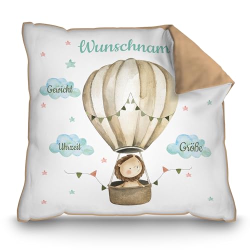 PR Print Royal Personalisiertes Kissen zur Geburt - Löwe im Heißluftballon - Geschenk zur Geburt mit Name und Geburtsdaten Personalisieren | 40 x 40 cm, Rückseite Mokka von PR Print Royal