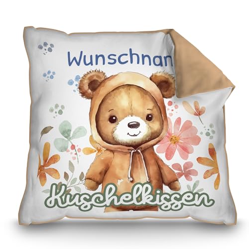 PR Print Royal Personalisiertes Kuschel-Kissen für Kinder mit Füllung - mit Name selbst gestalten - Bär Kissen für Mädchen und Jungs, Kinderkissen mit Name | 40 x 40 cm, Rückseite Mokka von PR Print Royal