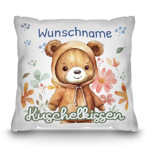 PR Print Royal Personalisiertes Kuschel-Kissen für Kinder mit Füllung - mit Name selbst gestalten - Bär Kissen für Mädchen und Jungs, Kinderkissen mit Name | 40 x 40 cm, Weiß Polyester von PR Print Royal