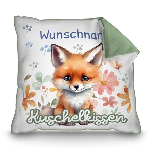 PR Print Royal Personalisiertes Kuschel-Kissen für Kinder mit Füllung - mit Name selbst gestalten - Fuchs Kissen für Mädchen und Jungs, Kinderkissen mit Name | 40 x 40 cm, Rückseite Grün von PR Print Royal