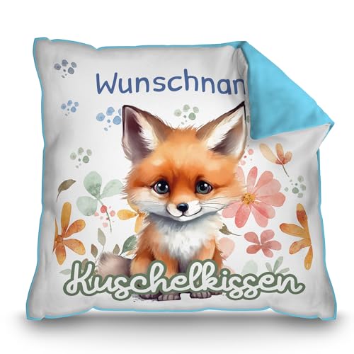 PR Print Royal Personalisiertes Kuschel-Kissen für Kinder mit Füllung - mit Name selbst gestalten - Fuchs Kissen für Mädchen und Jungs, Kinderkissen mit Name | 40 x 40 cm, Rückseite Hellblau von PR Print Royal