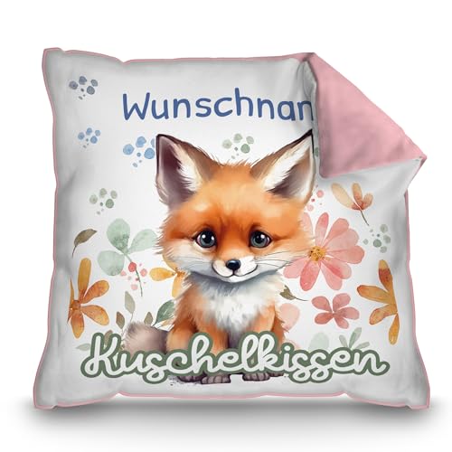 PR Print Royal Personalisiertes Kuschel-Kissen für Kinder mit Füllung - mit Name selbst gestalten - Fuchs Kissen für Mädchen und Jungs, Kinderkissen mit Name | 40 x 40 cm, Rückseite Rosa von PR Print Royal