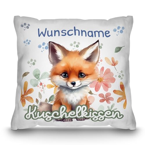 PR Print Royal Personalisiertes Kuschel-Kissen für Kinder mit Füllung - mit Name selbst gestalten - Fuchs Kissen für Mädchen und Jungs, Kinderkissen mit Name | 40 x 40 cm, Weiß Polyester von PR Print Royal