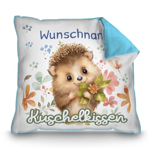 PR Print Royal Personalisiertes Kuschel-Kissen für Kinder mit Füllung - mit Name selbst gestalten - Igel Kissen für Mädchen und Jungs, Kinderkissen mit Name | 40 x 40 cm, Rückseite Hellblau von PR Print Royal