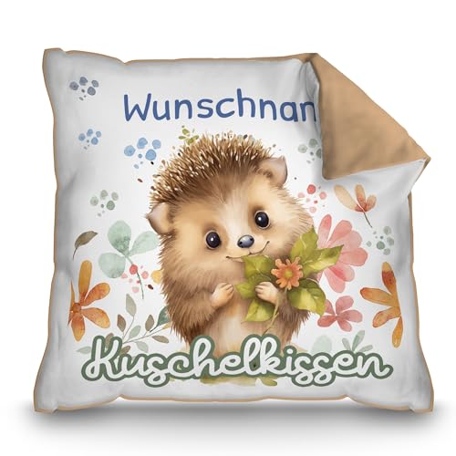 PR Print Royal Personalisiertes Kuschel-Kissen für Kinder mit Füllung - mit Name selbst gestalten - Igel Kissen für Mädchen und Jungs, Kinderkissen mit Name | 40 x 40 cm, Rückseite Mokka von PR Print Royal