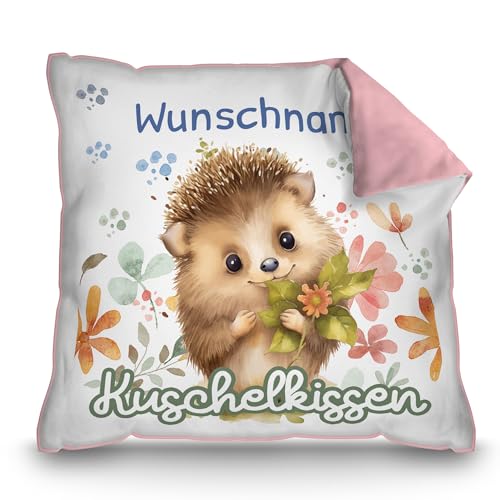 PR Print Royal Personalisiertes Kuschel-Kissen für Kinder mit Füllung - mit Name selbst gestalten - Igel Kissen für Mädchen und Jungs, Kinderkissen mit Name | 40 x 40 cm, Rückseite Rosa von PR Print Royal