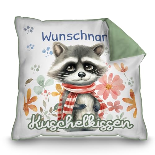 PR Print Royal Personalisiertes Kuschel-Kissen für Kinder mit Füllung - mit Name selbst gestalten - Waschbär Kissen für Mädchen und Jungs, Kinderkissen mit Name | 40 x 40 cm, Rückseite Grün von PR Print Royal