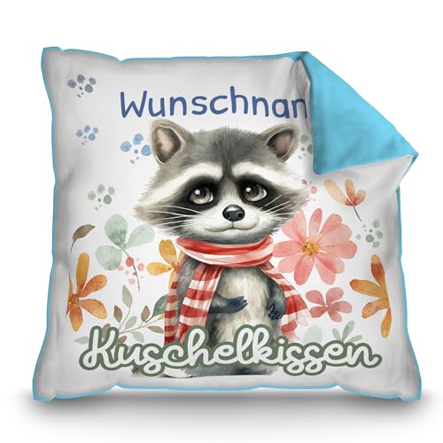 PR Print Royal Personalisiertes Kuschel-Kissen für Kinder mit Füllung - mit Name selbst gestalten - Waschbär Kissen für Mädchen und Jungs, Kinderkissen mit Name | 40 x 40 cm, Rückseite Hellblau von PR Print Royal