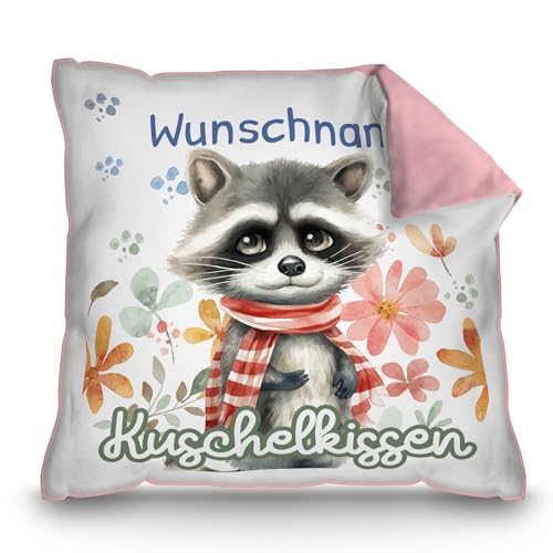 PR Print Royal Personalisiertes Kuschel-Kissen für Kinder mit Füllung - mit Name selbst gestalten - Waschbär Kissen für Mädchen und Jungs, Kinderkissen mit Name | 40 x 40 cm, Rückseite Rosa von PR Print Royal