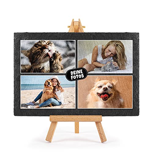 PR Print Royal Schieferplatte selbst gestalten - Foto-Collage mit 4 Fotos bedrucken - Geschenk für Freunde, Familie I Personalisiertes Foto-Geschenk - Schiefertafel mit Staffelei, 20 x 30 cm von PR Print Royal