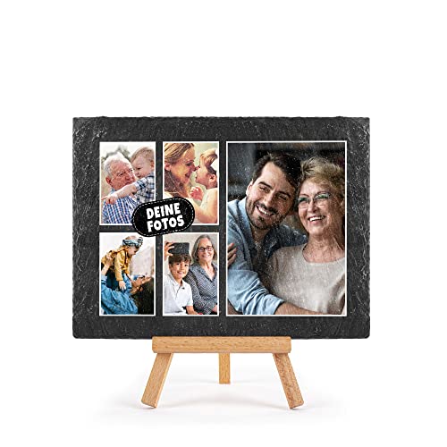 PR Print Royal Schieferplatte selbst gestalten - Foto-Collage mit 5 Fotos bedrucken - Geschenk für Freunde, Familie I Personalisiertes Foto-Geschenk - Schiefertafel mit Staffelei, 15 x 20 cm von PR Print Royal