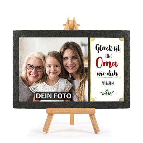 PR Print Royal Schieferplatte selbst gestalten - mit Foto Bedrucken - Glück ist eine Oma wie Dich zu haben - Geschenk für Oma zum Geburtstag, Weihnachten, Schiefertafel mit Staffelei, 20 x 30 cm von PR Print Royal