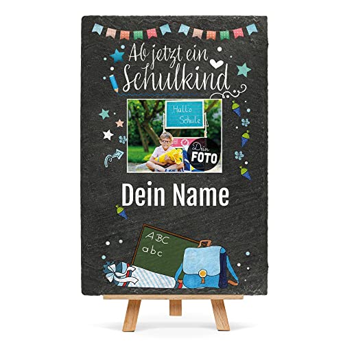 PR Print Royal Schieferplatte zur Einschulung selbst gestalten - Ab jetzt EIN Schulkind - mit Name und Foto Personalisieren - Geschenke zur Einschulung | inkl.Staffelei, 30x20cm von PR Print Royal