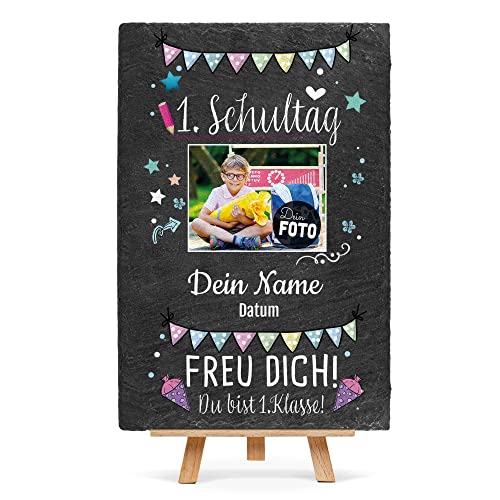 PR Print Royal Schieferplatte zur Einschulung selbst gestalten - Dein 1. Schultag - mit Name, Datum und Foto Personalisieren - Geschenke zur Einschulung | inkl.Staffelei, 30x20cm von PR Print Royal