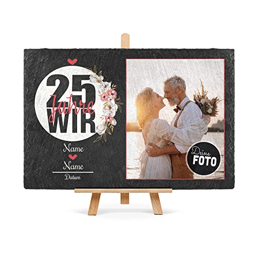 PR Print Royal Schiefertafel selbst gestalten- Fotocollage - 25 Jahre - Personalisiertes Geschenk zur Silberhochzeit mit Foto, Namen und Datum - inkl. Holzstaffelei, 20 x 30 cm von PR Print Royal