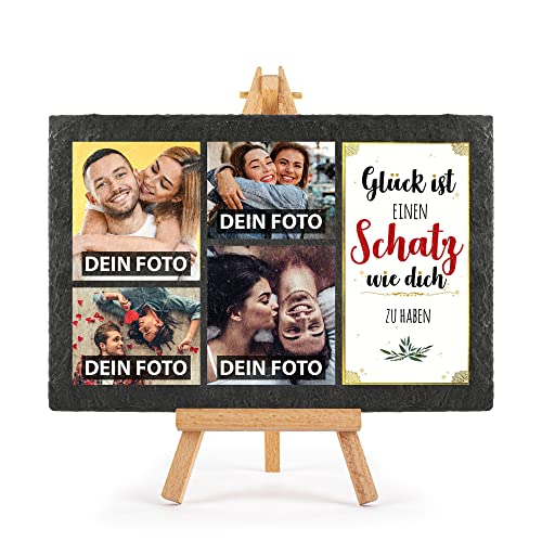 Schieferplatte selbst gestalten - mit 4 Fotos bedrucken - Glück ist einen Schatz wie dich zu haben - Geschenk Valentinstag, Jahrestag, Hochzeit, Geburtstag, Schiefertafel mit Staffelei, 20 x 30 cm von PR Print Royal