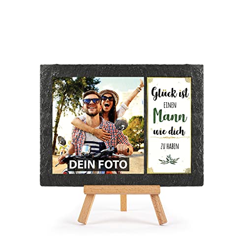 Schieferplatte selbst gestalten - mit Foto bedrucken - Glück ist einen Mann wie dich zu haben - Geschenk Valentinstag, Jahrestag, Hochzeit, Geburtstag, Schiefertafel mit Staffelei, 15 x 20 cm von PR Print Royal