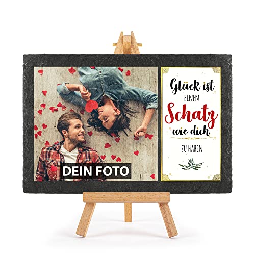 Schieferplatte selbst gestalten - mit Foto bedrucken - Glück ist einen Schatz wie dich zu haben - Geschenk Valentinstag, Jahrestag, Hochzeit, Geburtstag, Schiefertafel mit Staffelei, 20 x 30 cm von PR Print Royal