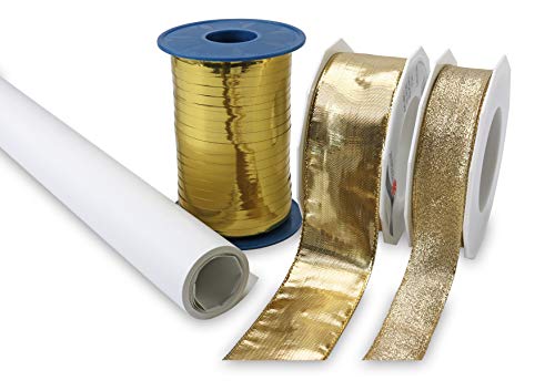 C.E. PATTBERG Geschenk-Set, 4-teilig, 1x Dekoband gold Breite 25 mm x Länge 20 m, 1x Ringelband glänzend gold Breite 5 mm x Länge 400 m, 1x Geschenkband gold Breite 40 mm x Länge 20 m, 1x Kraftpapier weiss Breite 500 mm x Länge 5 m, zum Basteln, Dekorieren & Verpacken von Geschenken, zu jedem Anlass von C.E. Pattberg