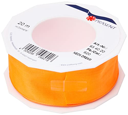 Präsent C.E. Pattberg NEON Dream Band mit Drahtkante Tangerine (orange), 20 m Schleifenband für Bunte, 40 mm Breite, für knallige Geschenkverpackungen, Dekorationen & Applikationen von Präsent