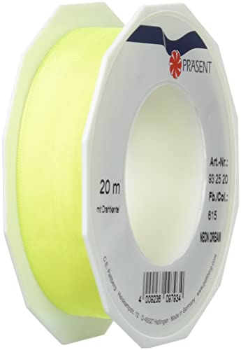 PRÄSENT C.E. Pattberg NEON Dream Band mit Drahtkante Yellow (gelb), 20 m Schleifenband für Bunte, 25 mm Breite, für knallige Geschenkverpackungen, Dekorationen & Applikationen von PRÄSENT