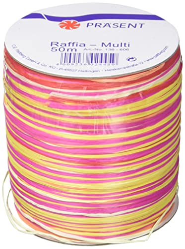 PRÄSENT C.E. Pattberg Raffia-Multicolour Bastband pink-gelb-rot, 50 m Geschenkband zum Einpacken, 5-strängiges Bastelband für Geschenke, Zubehör zum Dekorieren & Basteln von PRÄSENT