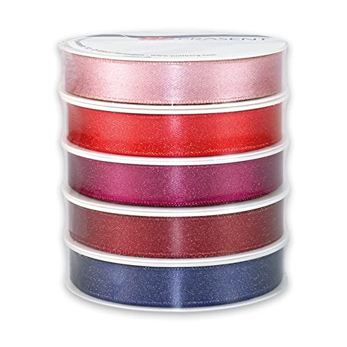 PRÄSENT GLITTER SATIN bunt, 5 x 3 m Satinband, 10 mm Breite, Geschenkbandset für Verpackungen und Dekorationen, weiche Stoffbänder in fünf verschiedenen Farben von PRÄSENT