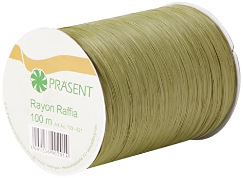 Präsent Rayon Raffia Bastband Olive, 100 m Dekoband zum Einpacken von Geschenken, Dekorieren & Basteln, helles Schleifenband, Deko für Festliche Anlässe von Präsent