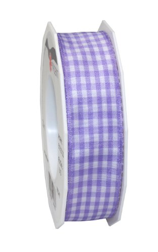 Präsent Vichy Geschenkband mit Drahtkante Lavendel/weiß, 20 m Dekoband zum Verzieren & Basteln, 25 mm Breite, Kariertes Band für Bunte Dekos & Geschenkverpackungen, zu feierlichen Anlässen von Präsent