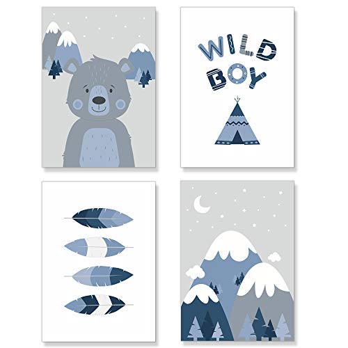 PREMYO Bilder Kinderzimmer Deko Jungen - Tipi Zelt Poster Set Babyzimmer - Wandbilder Schlafzimmer Bär Wildnis Blau A4 von PREMYO