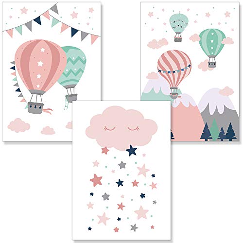 PREMYO Bilder Kinderzimmer Deko Mädchen - Heißluft-Ballon Poster Set Babyzimmer - Wandbilder Schlafzimmer Wolke Rosa A4 von PREMYO