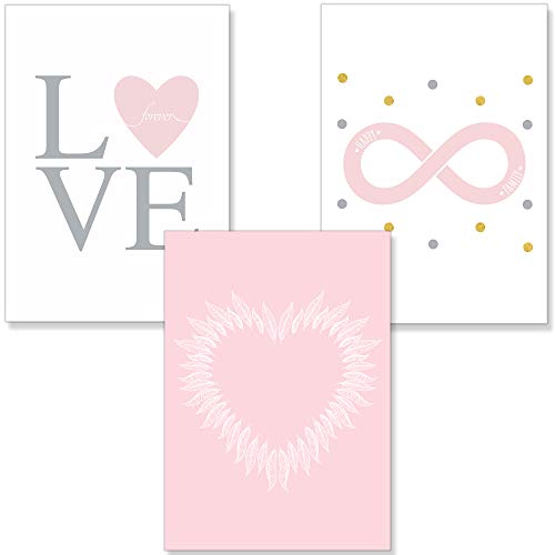 PREMYO Bilder Kinderzimmer Deko Mädchen - Poster Set Babyzimmer - Wandbilder Schlafzimmer Herz Federn Love Rosa A4 von PREMYO