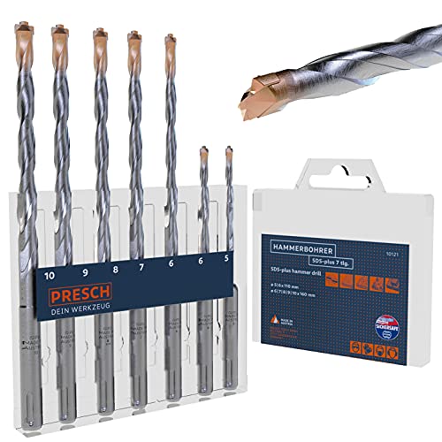 Presch SDS Plus Bohrer Set 7-tlg - Hammerbohrer Set SDS für Beton, Stein, Granit, Ziegel und Mauerwerk - Hochleistungs SDS Bohrer Set mit patentierter Hartmetallplatte - Betonbohrer Set Ø 5-10mm von PRESCH