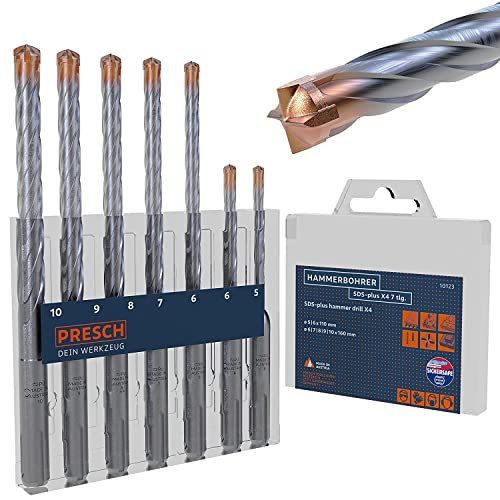 Presch SDS Plus Bohrer Set X4-7-tlg - Stahlbeton mit 4 Schneiden und Dübellängenindikator - Hammerbohrer für Beton, Stein, Granit, Ziegel, Mauerwerk - Betonbohrer Ø 5-10mm von PRESCH